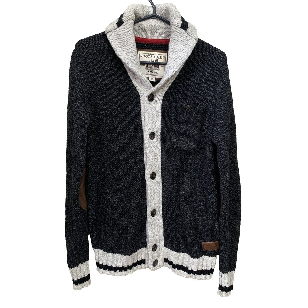ROOTS Cabin Canada Wool Blend Shawl Button Cardigan Women's S Gray Cottagecore‎
